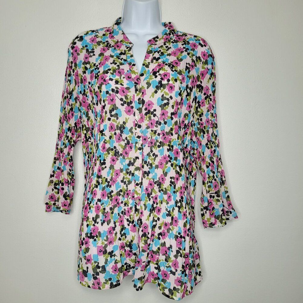 Y2k Fashion Bug pink blue floral pleaded 3/4 sleeve button front bright top 1x